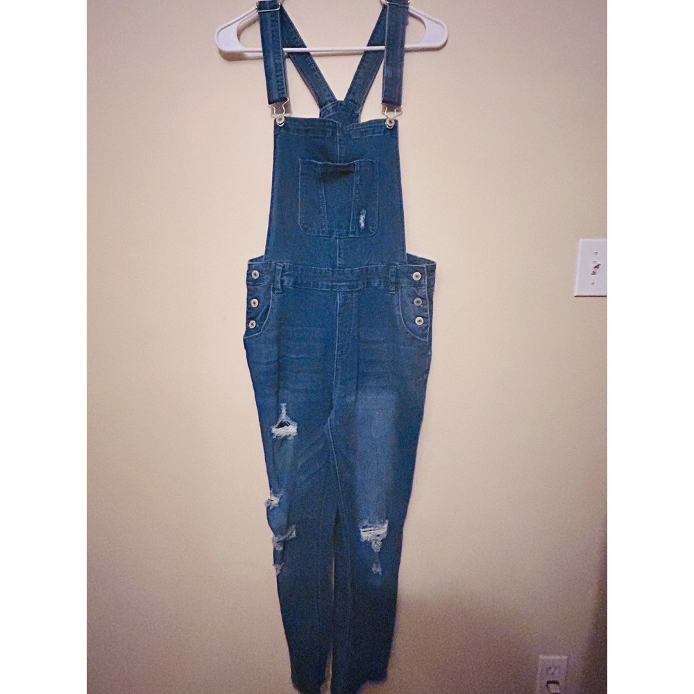 Star Distressed Denim Overalls Women Size Medium Blue‎ Excellent Stretch Bib